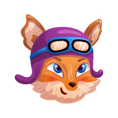 Funny cartoon fox head in retro helmet as a biker, racer, pilot. Vector illustration.