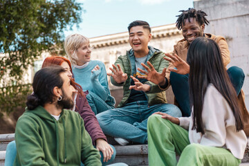 Vibrant group of multicultural students sharing a joyful moment, symbolizing the spirited...