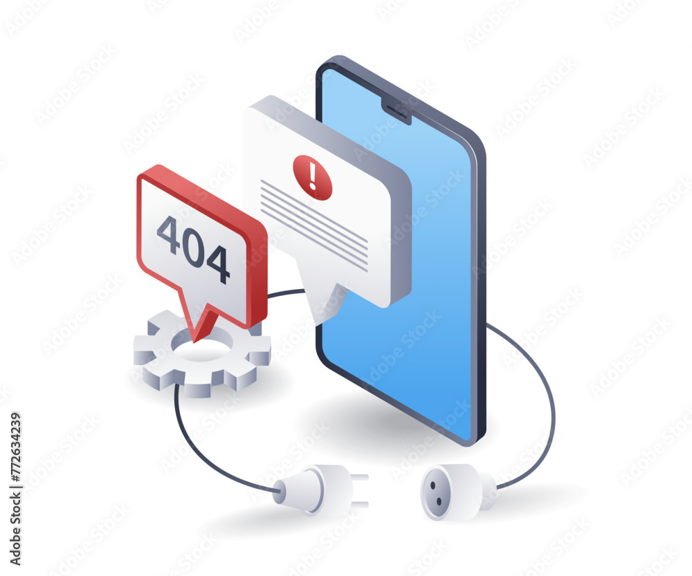 Poster smartphone affected by error code 404, flat isometric 3d illustration