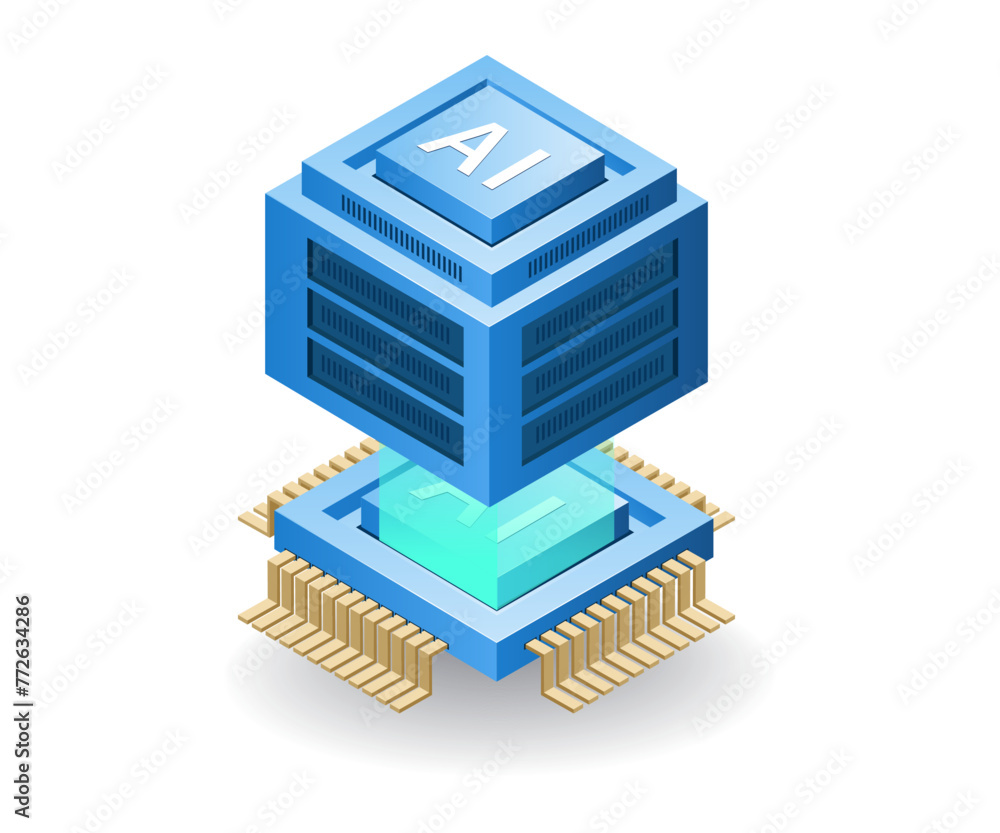 Poster server data management with artificial intelligence, flat isometric 3d illustration