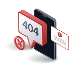 Smartphone maintenance error code 404, flat isometric 3d illustration