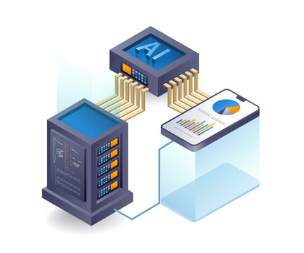 Smartphone analyst programmer artificial intelligence cloud server, flat isometric 3d illustration