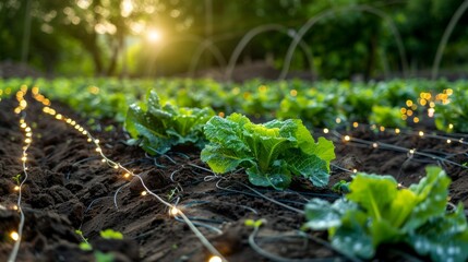 A field of lettuce is illuminated by the sun. The plants are growing in a field with a wire fence - obrazy, fototapety, plakaty