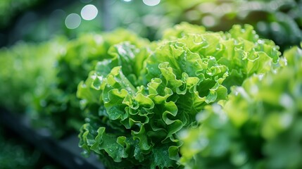 A bunch of green lettuce is displayed in a store. The lettuce is fresh and vibrant, with a bright green color that stands out against the background. Concept of health and freshness