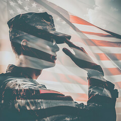 Double exposure Soldier saluting the American Flag  - obrazy, fototapety, plakaty