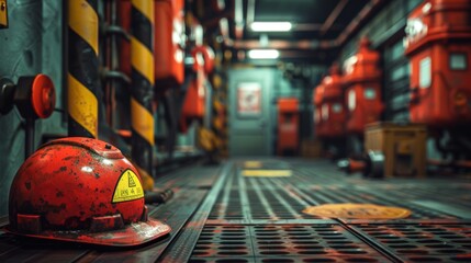 A red hard hat is sitting on a dirty floor in a room with red pipes. The room is dimly lit and has a sense of danger or caution - obrazy, fototapety, plakaty