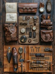 A collection of leather goods and tools, including a watch, a pair of shoes, and a book