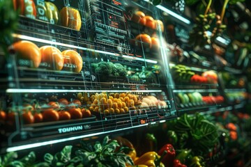 A computer generated image of a grocery store with a lot of produce. The produce includes a variety of fruits and vegetables such as apples, oranges, broccoli, and peppers. The image has a futuristic