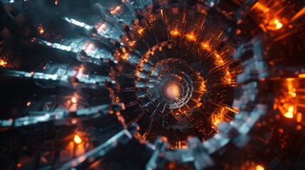 Fototapeta premium A spiral of lights and metal structures with a dark, ominous atmosphere. The spiral is illuminated by a bright orange light, creating a sense of depth and movement. Scene is one of mystery