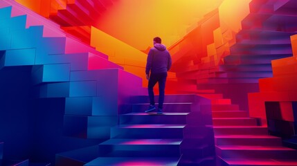 A man is walking up a staircase in a colorful building. The building is made of blocks and has a neon glow. The man is wearing a hoodie and he is looking up at something