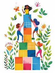A group of women are climbing a stack of blocks. The blocks are of different colors and sizes. The women are holding hands and working together to climb the stack