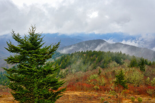 A nice cloudy landscape of mountain ridges of the Blue Ridge Parkway in Spring rain in North Carolina.