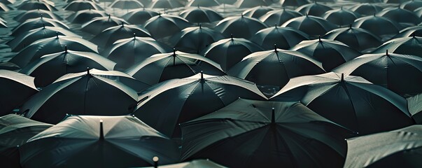 a sea of black umbrellas in a wide area - obrazy, fototapety, plakaty