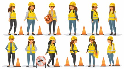 A group of women in yellow safety vests are standing in front of orange cones. They are all wearing hard hats and safety vests