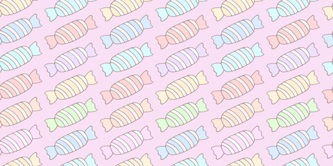 Set of sweets. Seamless horizontal pattern. Isolated pink background. Cartoon.