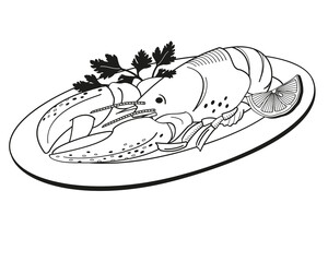 boiled  lobster on a plate with parsley and lemon