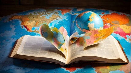 Global religious mission: Evangelization. depiction of an open bible or book with a vibrant global map inside. - obrazy, fototapety, plakaty