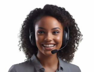 Portrait of smiling young african american businesswoman with headset on transparent background 	
