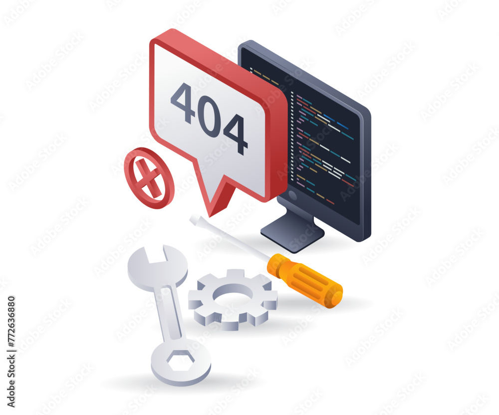 Leinwandbilder Programmer repair internet error code 404, flat isometric 3d illustration