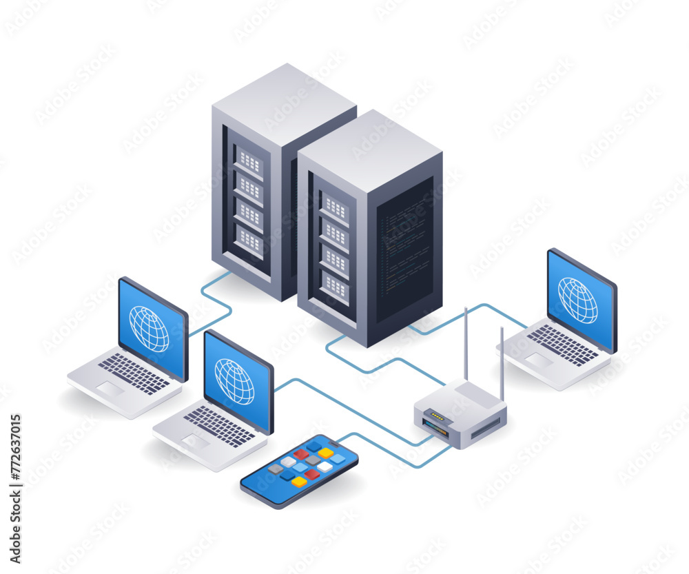 Poster Network router tethering internet server computer concept, flat isometric 3d illustration