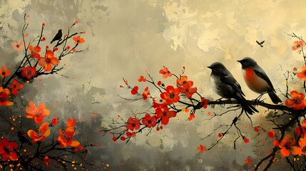 A black and white abstract background with old illustrations, flowers, branches, birds, and golden...