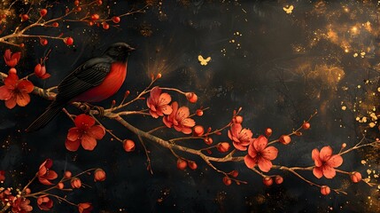 A black and white abstract background with old illustrations, flowers, branches, birds, and golden...