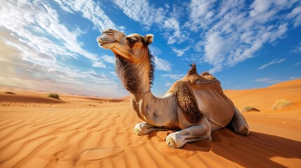 Camel resting on sand dunes in the desert. AI Generated 