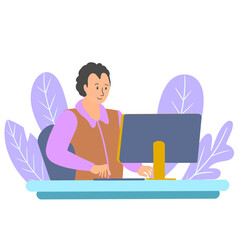 Work at home concept design. Freelance  working on laptop at her house, dressed in home clothes. 