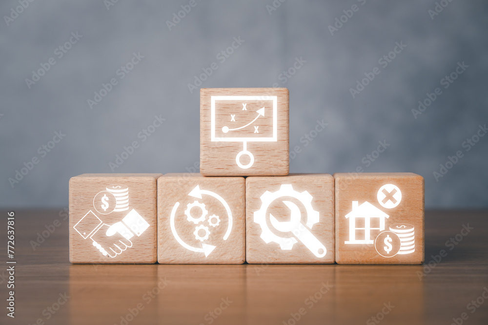 Poster asset life cycle concept, wooden block on desk with asset life cycle icon on virtual screen.