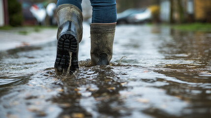 Boots step confidently through a flooded street, causing ripples in the water, with a backdrop of cars and urban life.