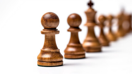 A focused view of a line of wooden chess pawns on a blurred background, highlighting strategy and competition.