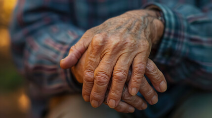 Fototapeta premium The textured, weathered hands of an elderly person are clasped together, conveying a lifetime of experience and work.