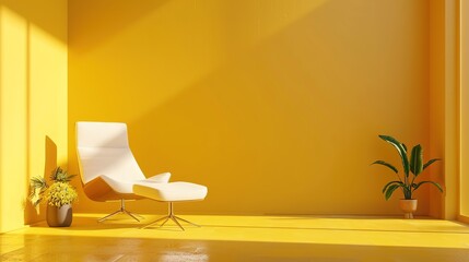 Interior of a sleek, monochromatic yellow room, with clean lines and minimalist furnishings, creating a serene atmosphere, real photo, stock photography