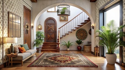 Fototapeta na wymiar Bohemian boho style entrance foyer and staircase with a eclectic design aesthetic