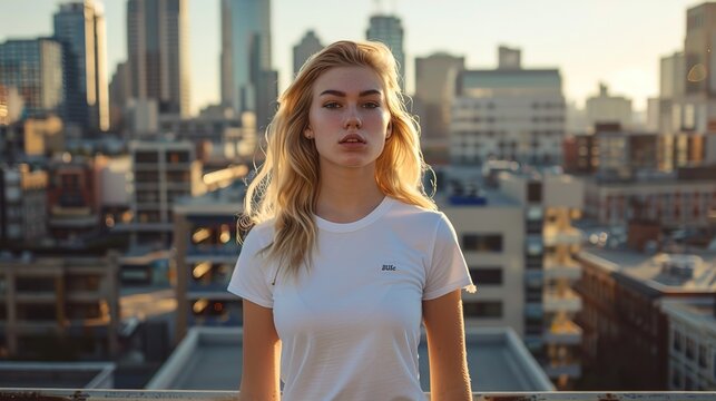 In a vibrant urban setting, a young blonde woman dons a Bella Canvas white t-shirt as she explores the city streets, real photo, stock photography