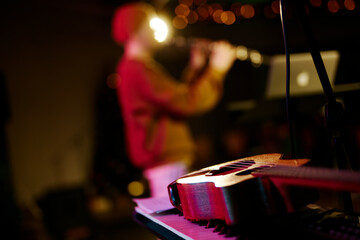 The ukulele is against the background of the stage at the concert