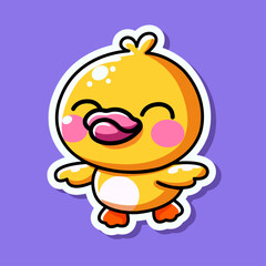Sticker of cute Duck, tiny small wild animal, Isolated on colored background, flat vector illustration 