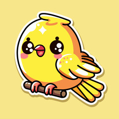 Sticker of cute yellow Bird, tiny small wild animal, Isolated on colored background, flat vector illustration 