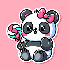 Sticker of cute Female Panda, tiny small wild animal with lollipop, Isolated on colored background, flat vector illustration 