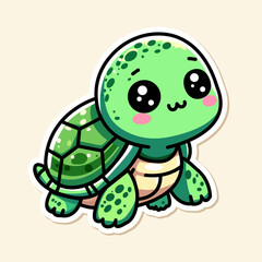 Sticker of cute turtle, tiny small wild animal, Isolated on colored background, flat vector illustration 