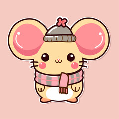 Sticker of cute Mouse wearing winter hat, tiny small Hamster wild animal, Isolated on colored background, flat vector illustration 