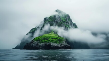 The aerial view of the amazing island is covered in fog. Aesthetic calm background. Tranquil landscape. Generative AI - obrazy, fototapety, plakaty