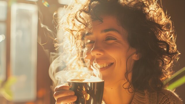 A happy smiling woman with messy curly hair savoring a smoking cup of coffee in the morning light, soft focus, stock photography