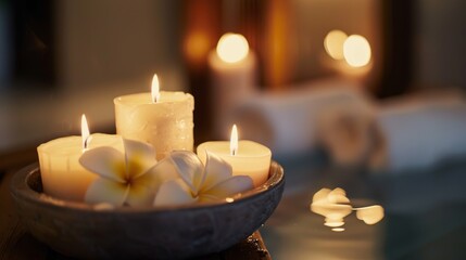 Close-up view of fragrant candles illuminating a spa space, crafting a serene setting perfect for unwinding and reviving the senses.