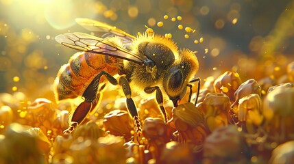 Exquisite macro shot capturing a bee adorned with pollen, showcasing nature's meticulous pollination process. - obrazy, fototapety, plakaty