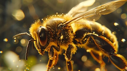Detailed close-up of a bee with pollen grains, illustrating the intricate pollination mechanism of bees.