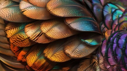 Macro shot showcasing the intricate patterns and iridescent colors of bird feathers with exquisite detail.