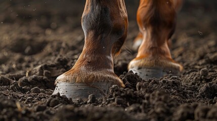 A detailed close-up of horse hooves standing firmly on the rich, plowed soil of farmland.
