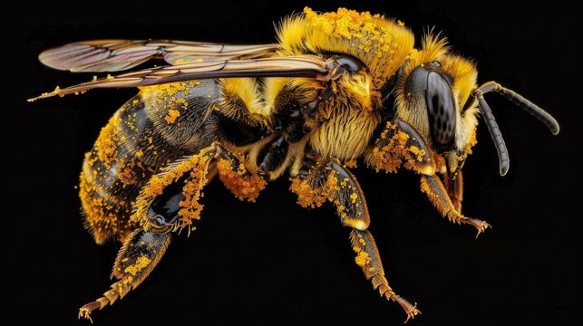 Extreme close-up of a bee carrying pollen on its legs, showcasing the precision and efficiency of bees in pollination.