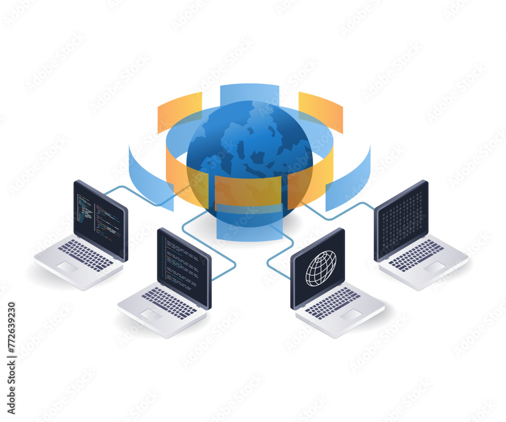 Aufkleber internet computer network information technology concept, flat isometric 3d illustration